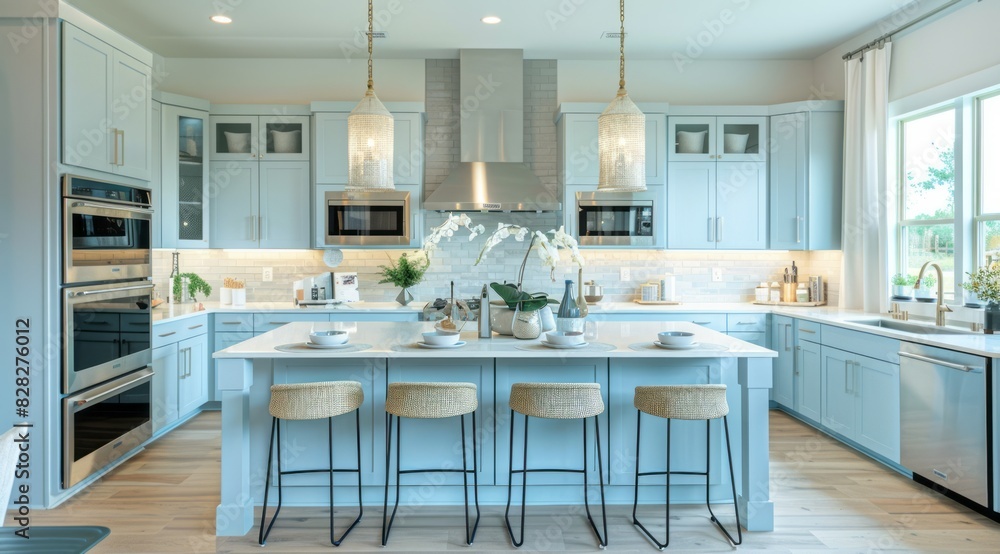 Fototapeta premium Modern kitchen design featuring light blue cabinets, a large white island with ample countertop space, and contemporary bar stools that add a touch of sophistication to the room