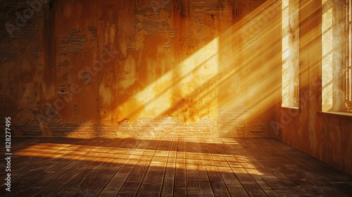 Subtle sun rays infuse warmth and vintage elegance into a faded ochre grunge room. photo