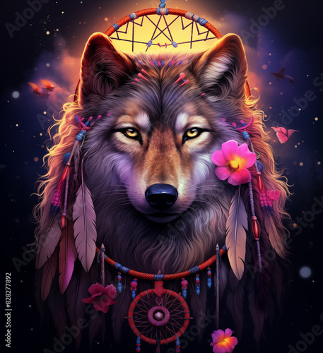 a close up of a wolf with a dream catcher on its head