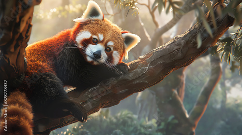 A red panda is lying on a tree branch. The panda is mostly red with black legs, a black mask around its eyes, and a long bushy tail. It is looking down at the camera.