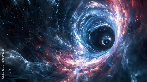 Black hole attracting light like a spiraling vortex  kaleidoscopic abstract background with copy space