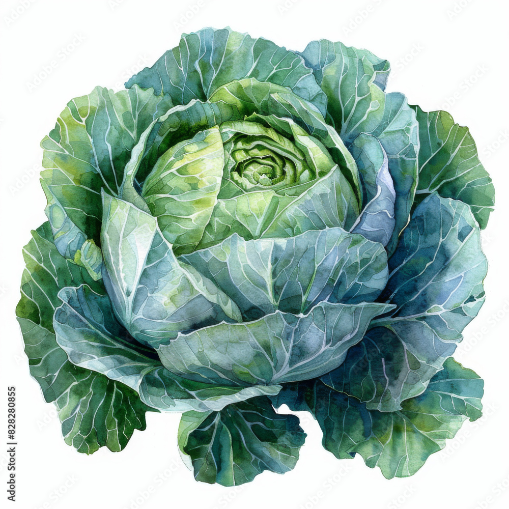 Detailed watercolor illustration of a green cabbage, highlighting its layers and natural texture in a botanical style. Detailed watercolor illustration of a green cabbage, highlighting its layers and natural texture in a botanical style.