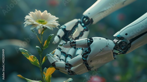 close-up of a robot s hand  gently cradling a delicate flower in its metallic fingers.