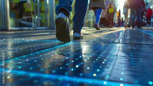 This is a close up of a person's feet walking on a train track with yellow lights embedded in the ground.