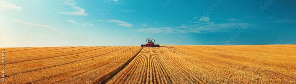 lone agricultural robot harvests crops in a vast golden field under a clear blue sky. lone agricultural robot harvests crops in a vast golden field under a clear blue sky.