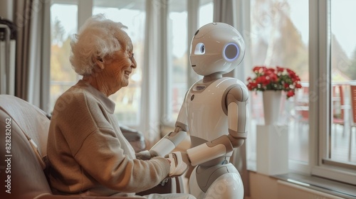 personal care robot helping a senior citizen stand up from a chair and walk with support.