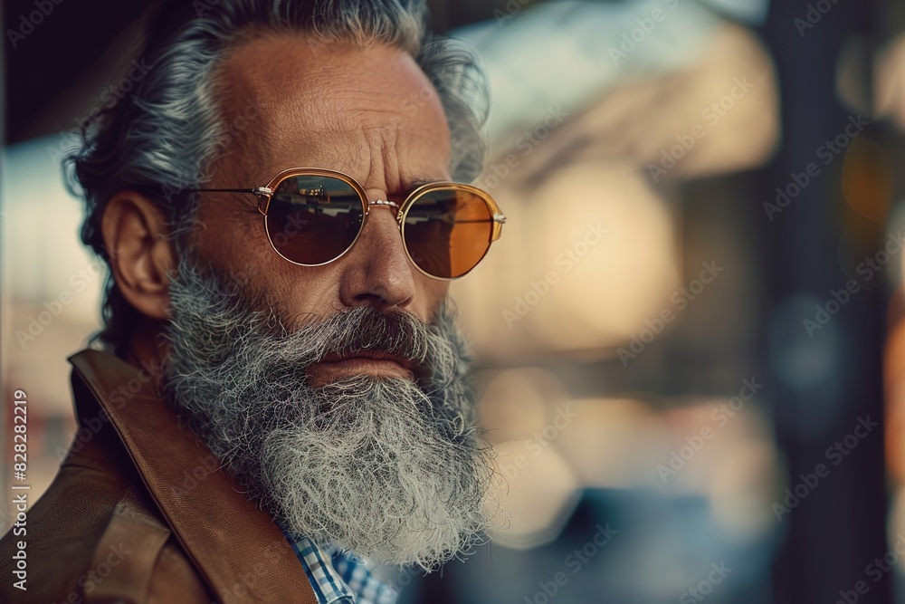 A man with a beard and glasses is wearing a brown coat A man with a beard and glasses is wearing a brown coat