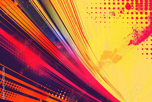 Vibrant colors and dynamic lines form a bold abstract pop style background.