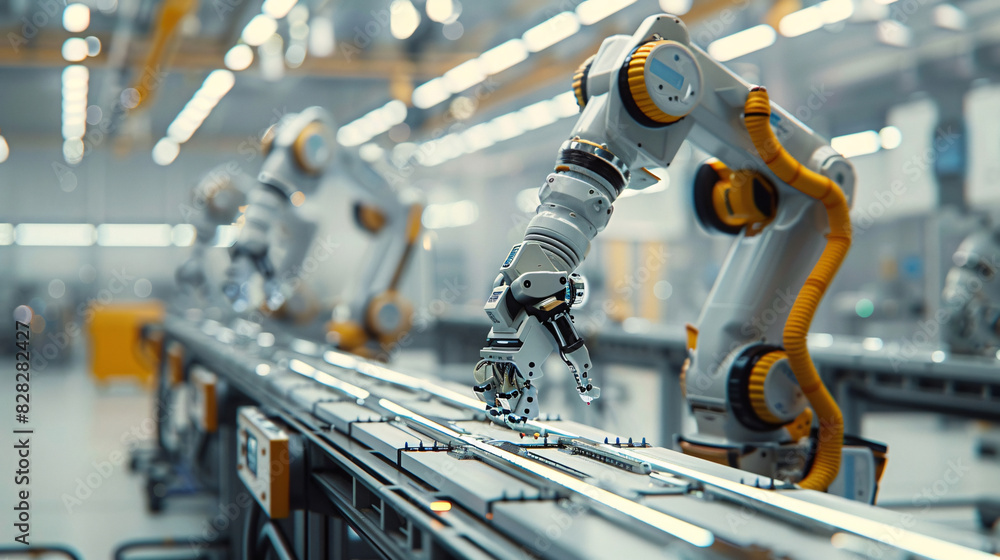Robotic arms performing precision tasks in an electronics manufacturing plant Robotic arms performing precision tasks in an electronics manufacturing plant