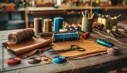 Leather working tools and materials on table in workshop photo