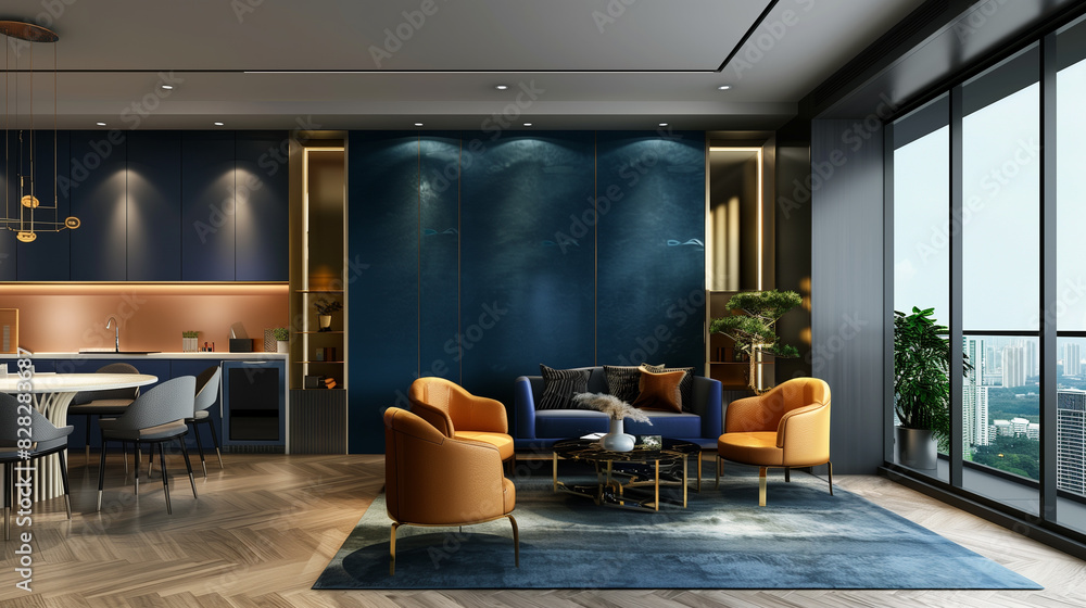 Modern cozy living room and blue wall texture background interior design / 3D rendering. Modern cozy living room and blue wall texture background interior design / 3D rendering.