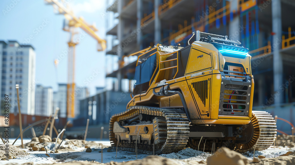 A yellow bulldozer is parked at a construction site with a tall yellow crane in the background.


