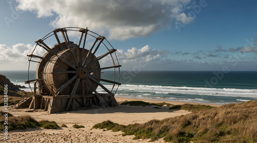  a large wooden wheel on a beach. 