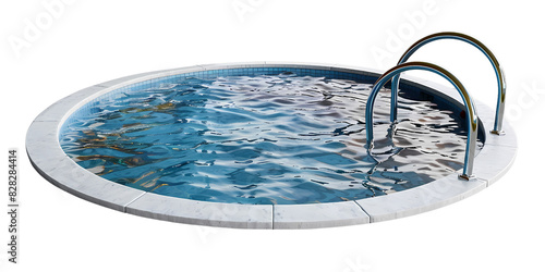 Round outdoor swimming pool with clear blue water and stainless steel ladder. Ideal for summer recreation, relaxation, and fitness activities.