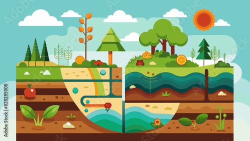A detailed vector graphic of a cross-section of a healthy, layered soil ecosystem.