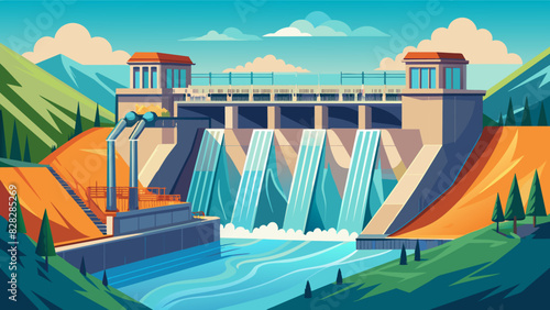 A detailed vector graphic of a hydroelectric dam with rushing water and a powerful turbine.
