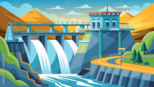 A detailed vector graphic of a hydroelectric dam with rushing water and a powerful turbine.
