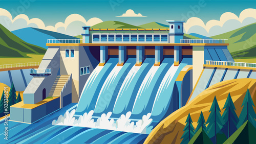 A detailed vector graphic of a hydroelectric dam with rushing water and a powerful turbine.
