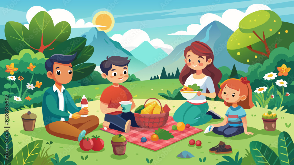 Naklejka premium A whimsical vector of a family enjoying a picnic in a lush green meadow. 