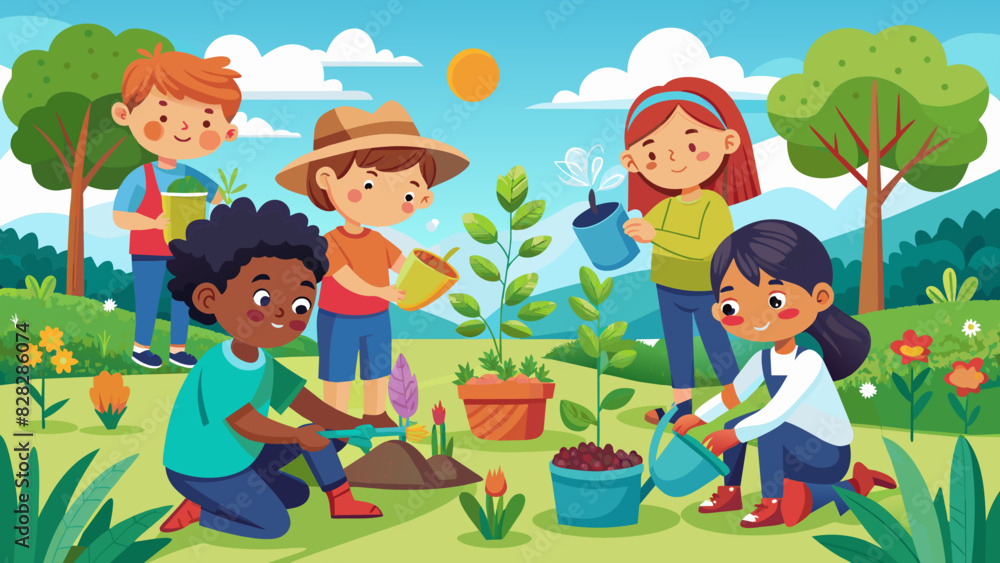A playful illustration of a group of kids planting seedlings in a community garden.
A playful illustration of a group of kids planting seedlings in a community garden.