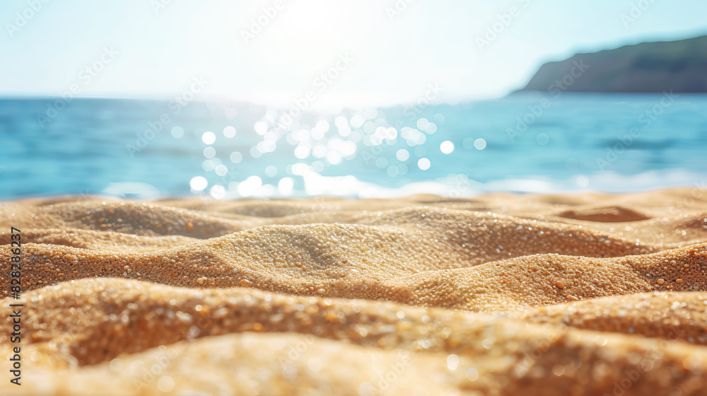 Close-up of sandy beach with sparkling sea in the background, bright daylight setting, concept of summer vacations. Generative AI Close-up of sandy beach with sparkling sea in the background, bright daylight setting, concept of summer vacations. Generative AI