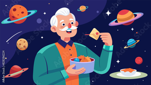A grandpa happily munching on space food trying out new flavors from different planets.. Vector illustration