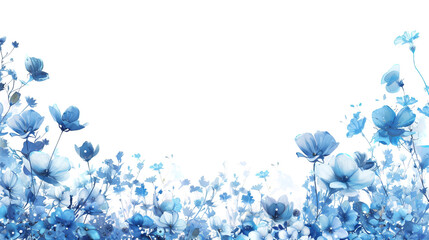 A variety of blue flowers and butterflies on a white background, artistic concept of spring and nature. Generative AI