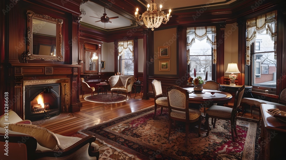 The Opulent and Elegant Interior of a Historic Mansion's Living Room with a Roaring Fireplace and Ornate Furnishings The Opulent and Elegant Interior of a Historic Mansion's Living Room with a Roaring Fireplace and Ornate Furnishings
