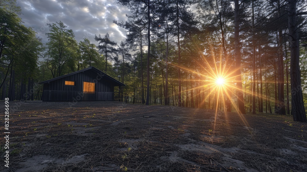 Tranquil Wooden Cabin Bathed in Midday Sunlight Amidst a Dense Forest. Tranquil Wooden Cabin Bathed in Midday Sunlight Amidst a Dense Forest.