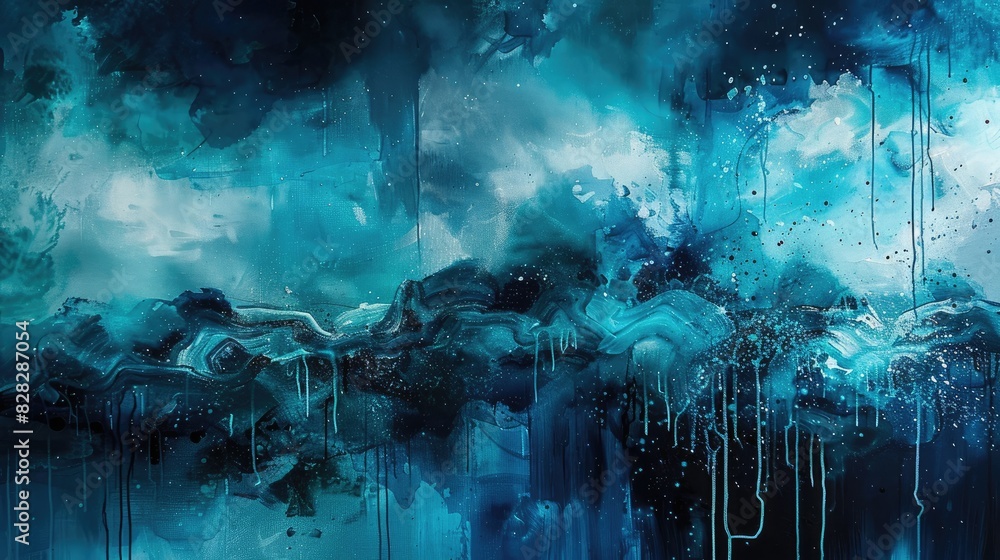 Surrealistic Abstract Painting with Blue and Black Hues Displayed in a Gallery Setting Surrealistic Abstract Painting with Blue and Black Hues Displayed in a Gallery Setting