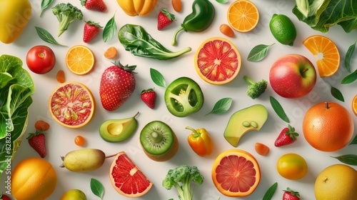 Top view of healthy fresh organic colorful fruits and vegetables