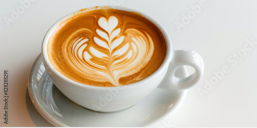 Cup of cappuccino on a white background with latte art
