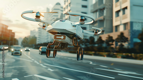A drone flying over a busy city street. The drone is carrying a brown cardboard box.

 photo