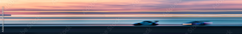 Coastal speedway circuit at sunrise with racing cars Coastal speedway circuit at sunrise with racing cars