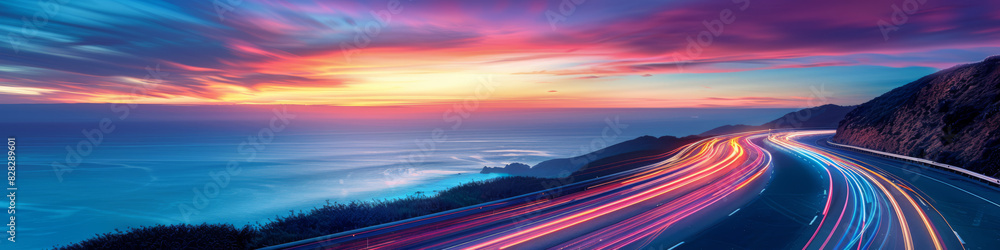 Coastal highway at sunrise with trails of lights