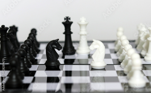 The confrontation between a chess black horse and a white horse. Chess pieces in chess board games for challenges, leadership, strategy, business, success, or abstract concepts.
