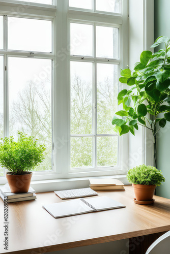 Desk of free space with green plant and window of spring time 