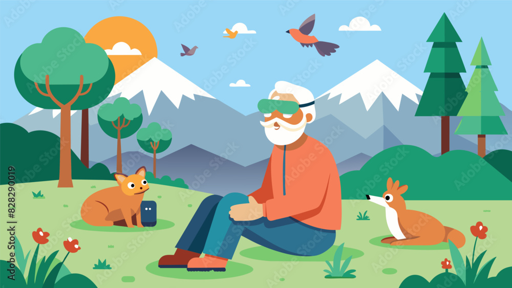An elderly man sitting in a VR park surrounded by virtual animals reminiscing about his youth spent camping and hiking in nature.. Vector illustration An elderly man sitting in a VR park surrounded by virtual animals reminiscing about his youth spent camping and hiking in nature.. Vector illustration