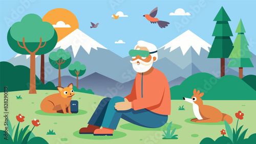 An elderly man sitting in a VR park surrounded by virtual animals reminiscing about his youth spent camping and hiking in nature.. Vector illustration