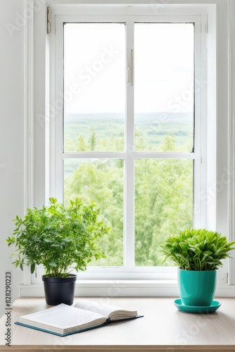 Desk of free space with green plant and window of spring time  © Linggakun