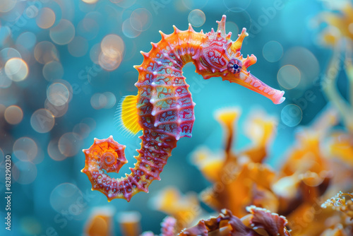 A bright orange and yellow sea horse is swimming in the ocean photo