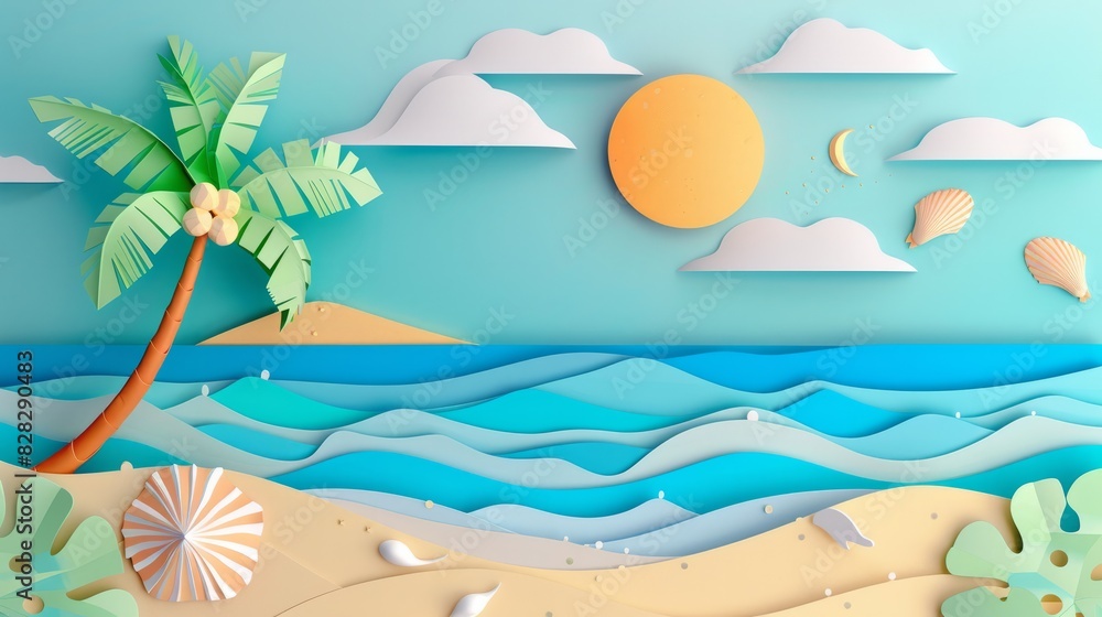 Paper art of a tropical beach with blue ocean, palm tree, sky and sun, summer concept illustration