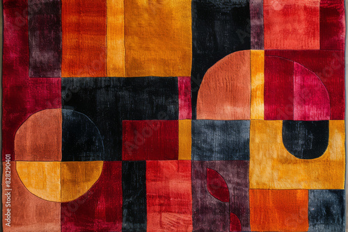 A colorful rug with squares and circles in red, black, and orange