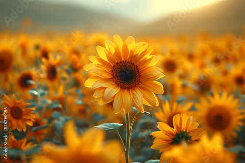 A field of yellow sunflowers with a single yellow flower in the foreground