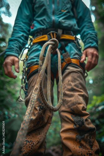 Climber securing a rope to their harness in a forest setting