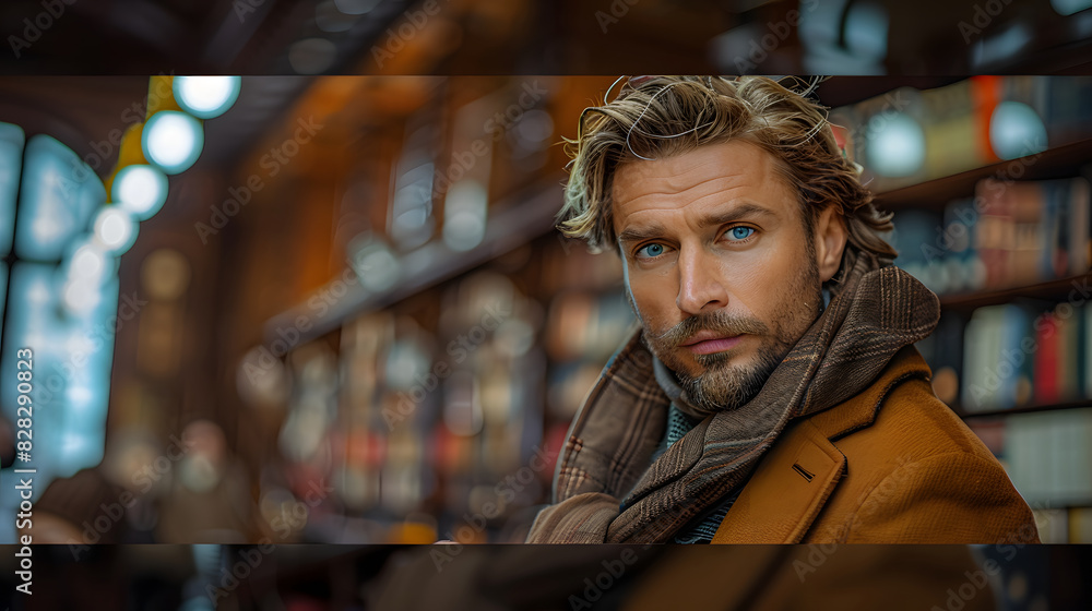 A man with a beard and blue eyes, wearing a coat and a scarf, stands in a library with bookshelves full of books. A man with a beard and blue eyes, wearing a coat and a scarf, stands in a library with bookshelves full of books.