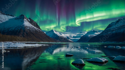 Beautiful landscape with a calm lake surrounded by mountains with the magical northern lights dancing the night sky © The A.I Studio