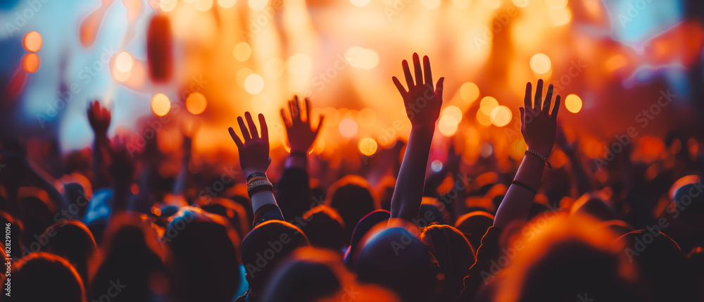Silhouettes of concertgoers with hands raised at a live music event, orange and blue hues, blurry lights background, concept of celebration. Generative AI