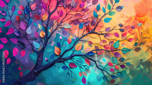 Elegant colorful tree with vibrant leaves hanging branches illustration background. Bright color 3d abstraction wallpaper for interior mural painting wall art decor. Ai 