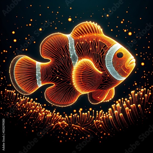 Underwater Glow: Luminous Clownfish Silhouette in Masterful Tenebrism, orange, neon